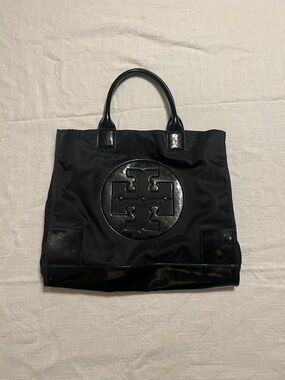 Tory Burch Ella Patent Black Nylon Tote with Glossy Logo Accent